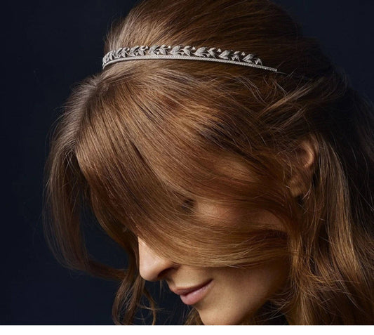 Luxury Cubic Zirconia Laurel Leaf Bridal Tiara - Elegant White Gold Plated Wedding Headband - Premium CZ Crystal Marquee Hair Band for Brides LUNA-X111
