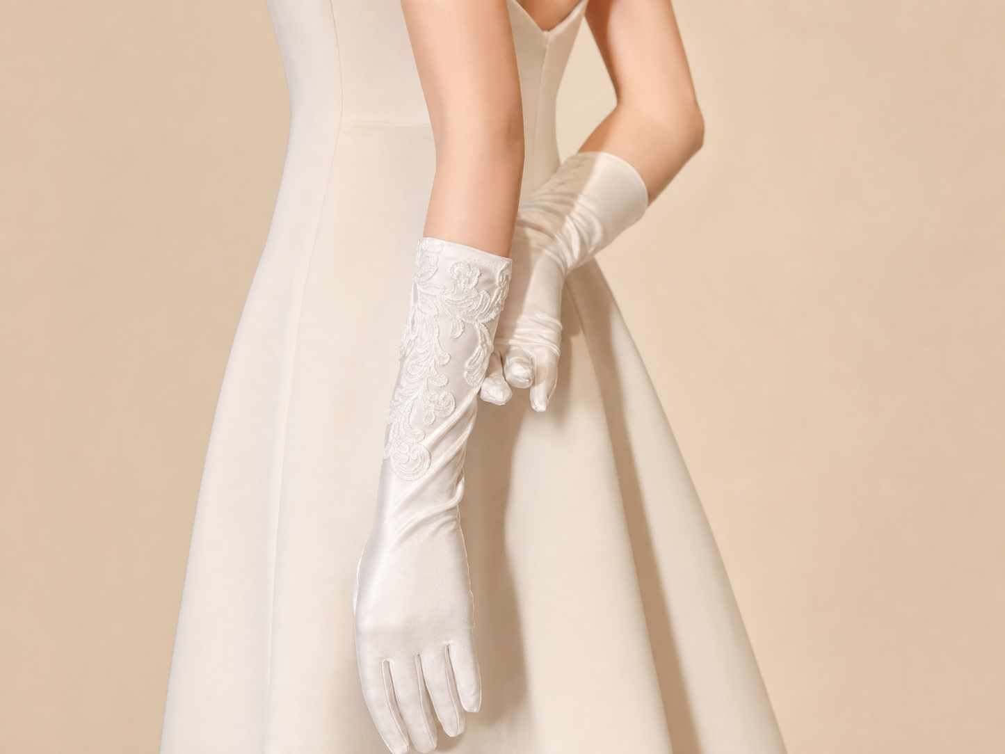 Ivory Satin Long Bridal Gloves with Delicate Embroidery | Vintage French Style Wedding Accessories (38cm) LUNA-X187