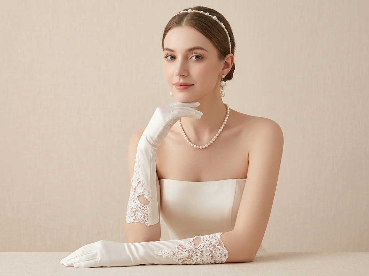 Ivory Satin Long Bridal Gloves with French Embroidery for Wedding LUNA-X185