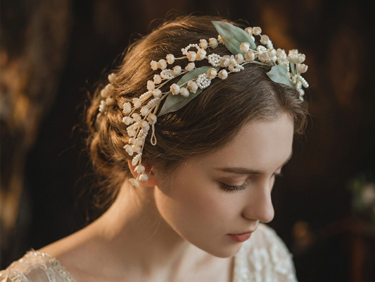 Vintage Lily of the Valley Bridal Headpiece Romantic Pearl and Silk Leaf Wedding Hair Vine Handmade Fairy Floral Tiara LUNA-X109