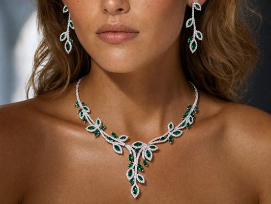 Botanical Vine Bridal Jewelry Set, Luxury Marquise CZ Leaf Necklace & 4.2cm Dangle Earrings Set for Wedding, Royal Blue & Emerald Green LUNA-X173