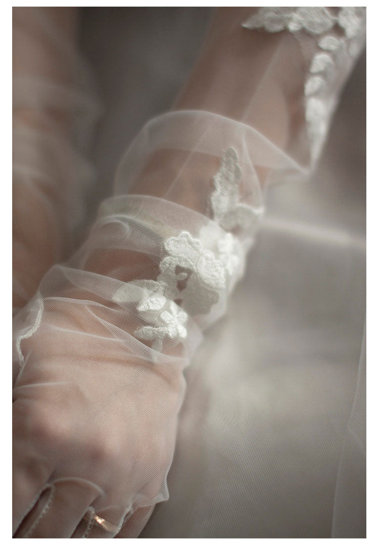 Off-White Embroidered Lace Bridal Gloves - 70cm Extra Long Shoulder Length High-Density Mesh Wedding Gloves - Anti-Wrinkle Slouchy Ruched Opera Mittens LUNA-X310