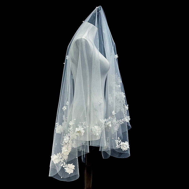 Single Tier Wedding Veil with Comb - 63"x 63" Elegant 3D Floral Applique & Pearl Bridal Veil, Fingertip Length Soft Tulle Tulle Veil for Bride LUNA-X337