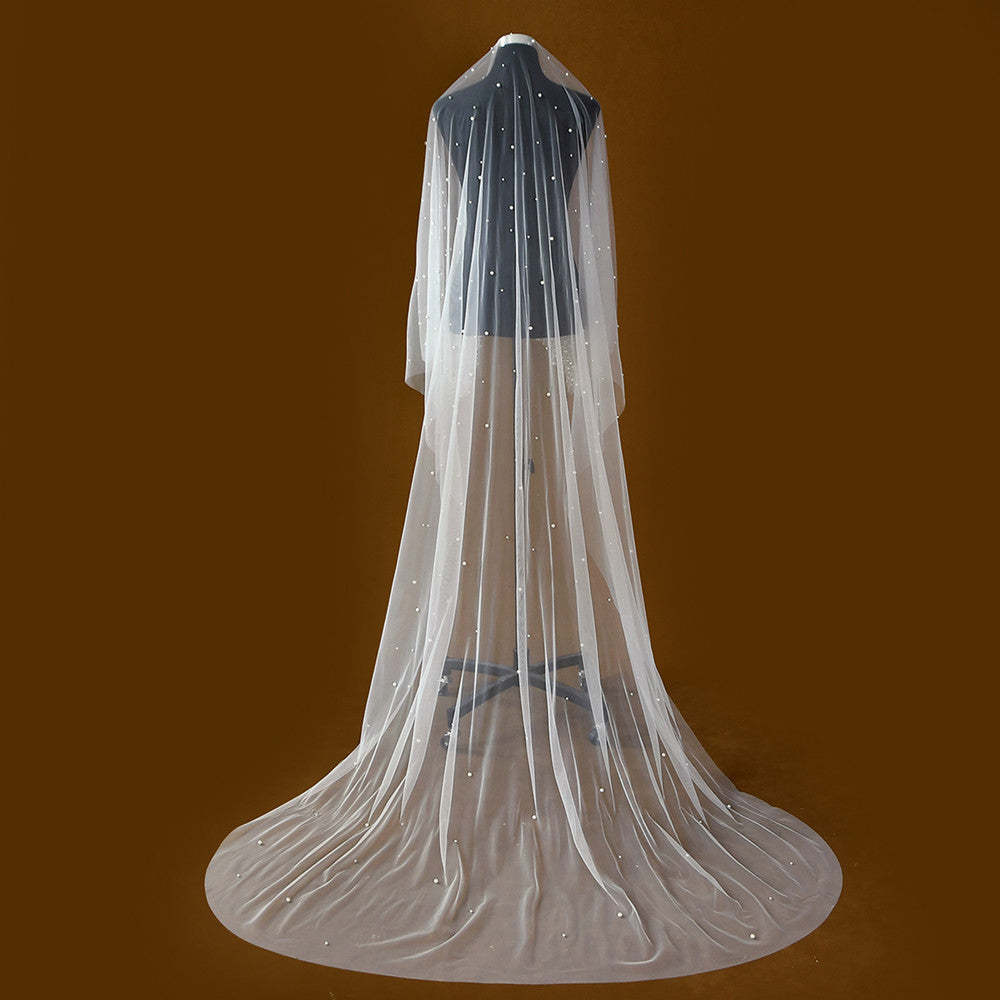 Luxury Cathedral Wedding Veil 118" - Modern Single-Tier Bridal Veil with Cascading Shimmering Beads, Elegant Lustrous Droplets Long Train Veil LUNA-X349