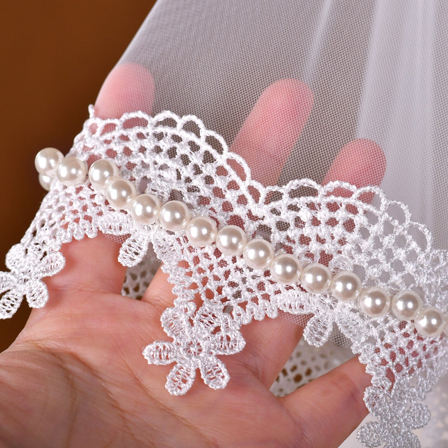 Vintage French Mantilla Wedding Veil 43" - Two-Way Fingertip Bridal Veil with Heavy Embroidered Lace Edge & Lustrous Beaded Trim, Romantic Blusher Veil LUNA-X350