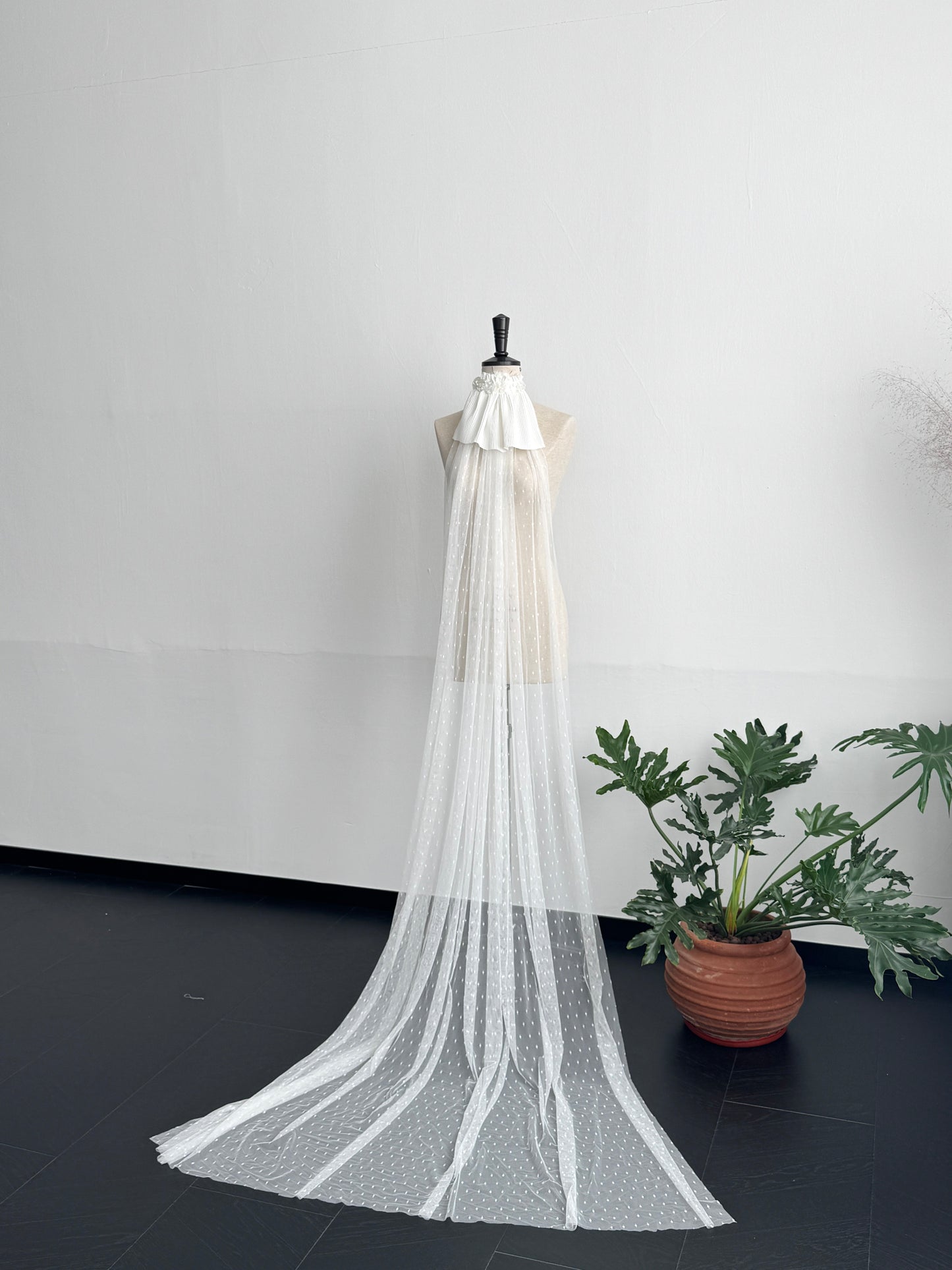 Romantic Swiss Dot Wedding Veil - French Pleated Ribbon Bow Bridal Veil, Vintage Sheer Dotted Tulle Long Train Veil with Shimmering Disc Accent LUNA-X356
