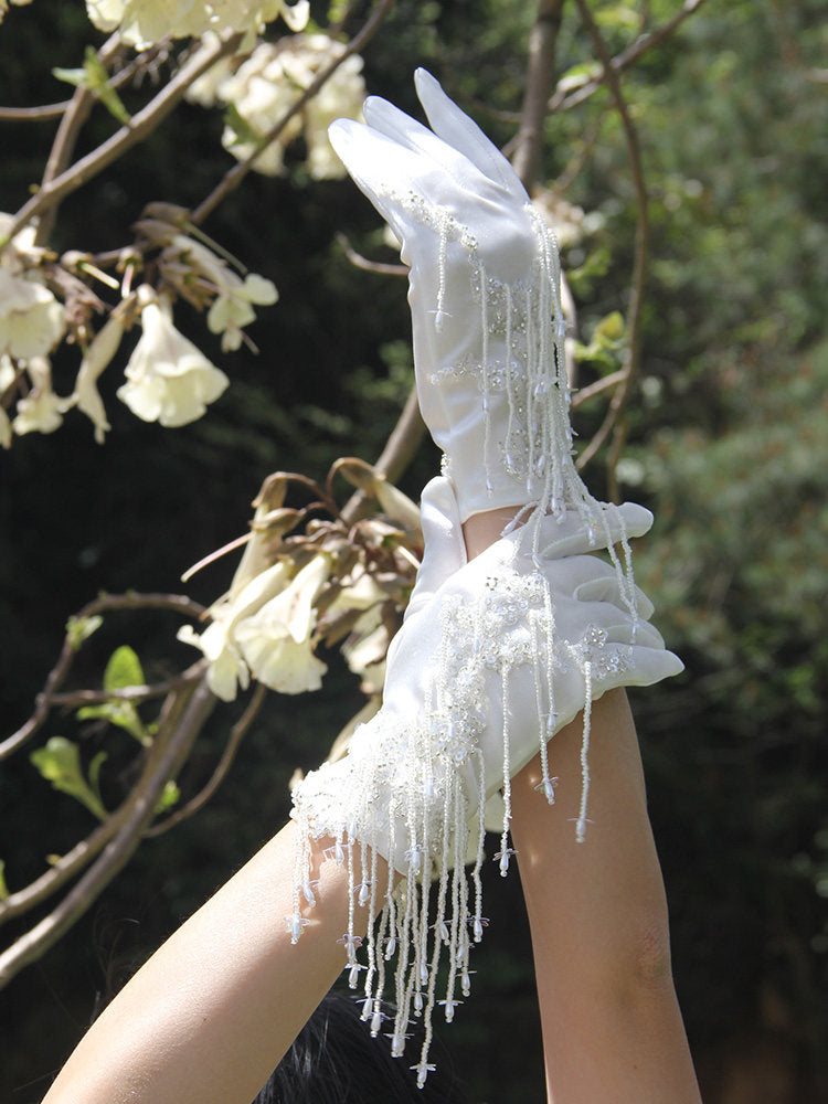 Vintage Beaded Bridal Satin Gloves - Heavy-Handcrafted Sequin Wedding Wrist Gloves with Cascading Fringe Tassels LUNA-X376