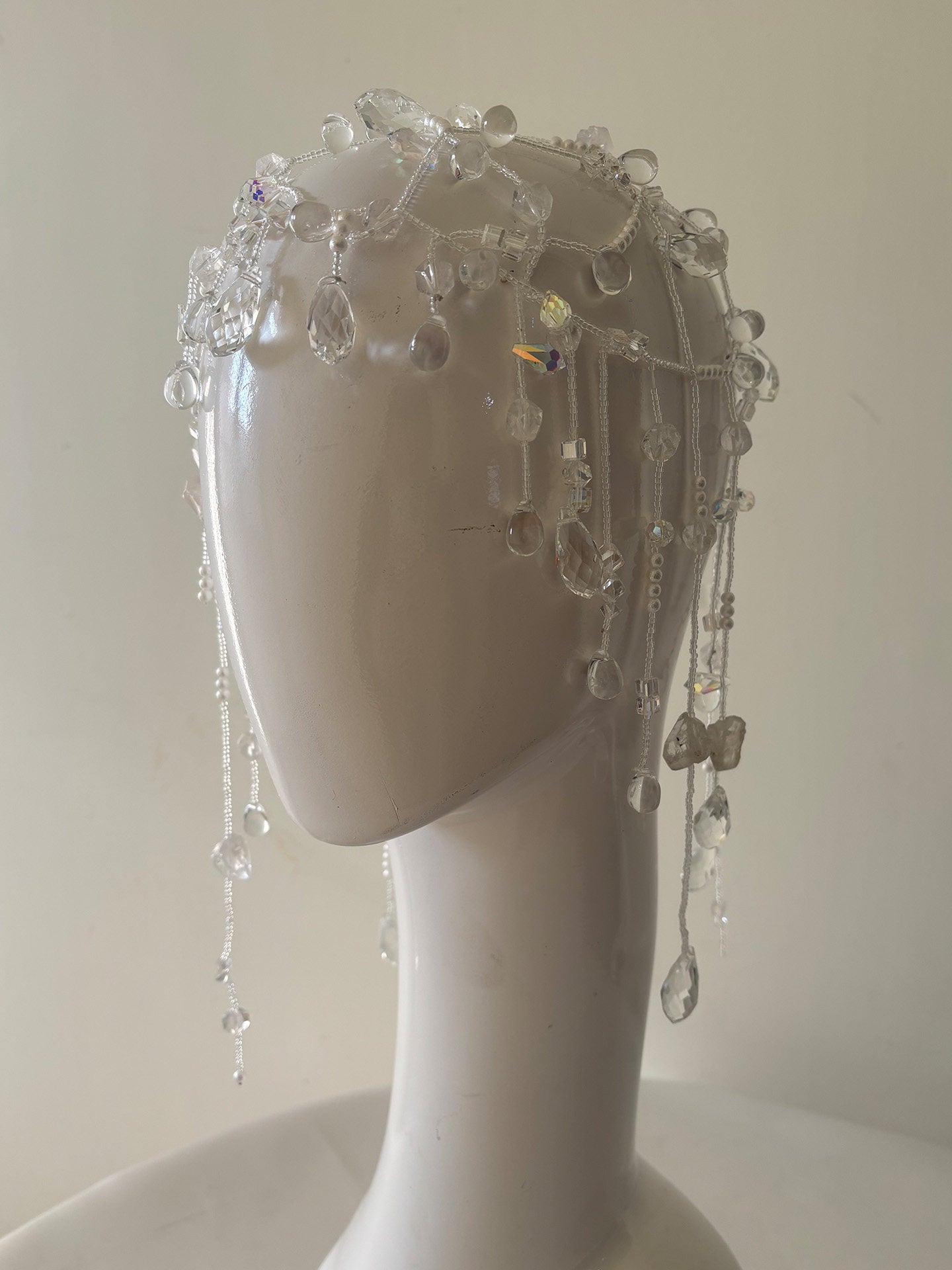 Ethereal Dewdrop Bridal Hair Net - Avant-Garde Beaded Juliet Cap Headpiece with Cascading Holographic Prisms LUNA-X379