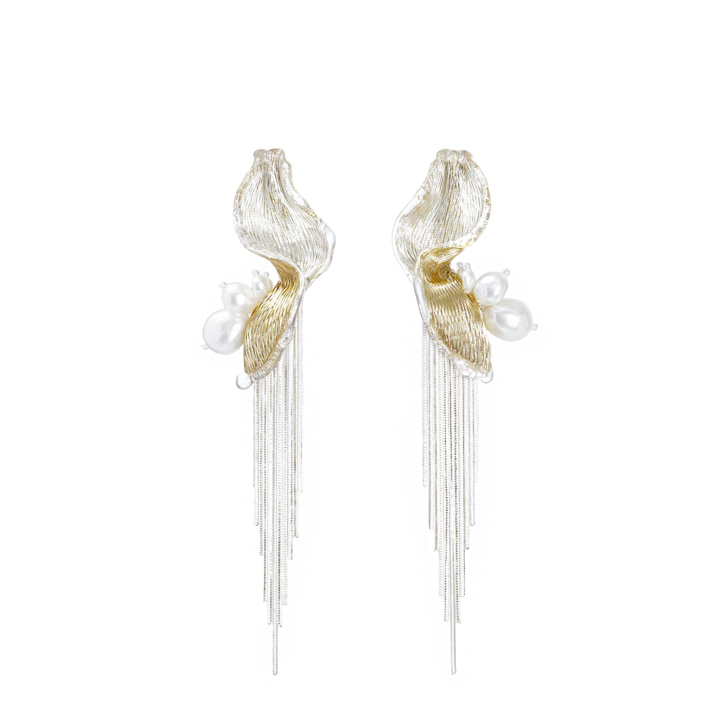 Avant-Garde Hand-Woven Metallic Mesh Tassel Earrings - Deconstructed Wave Drop Earrings with Waterfall Chains and Clear Ice-Like Droplets LUNA-X383
