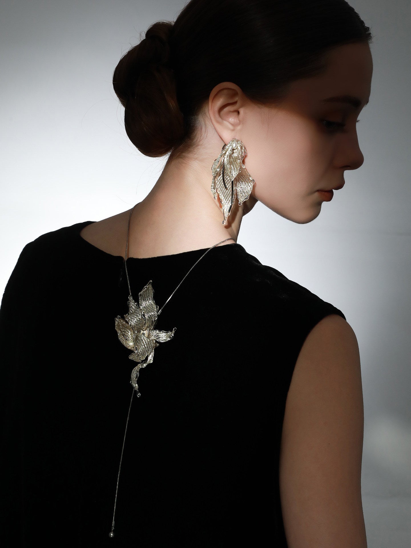Avant-Garde Hand-Woven Metallic Mesh Leaf Earrings - Deconstructed Fluid Wave Drop Earrings with Glassy Ice Trim and Lustrous Orb LUNA-X386