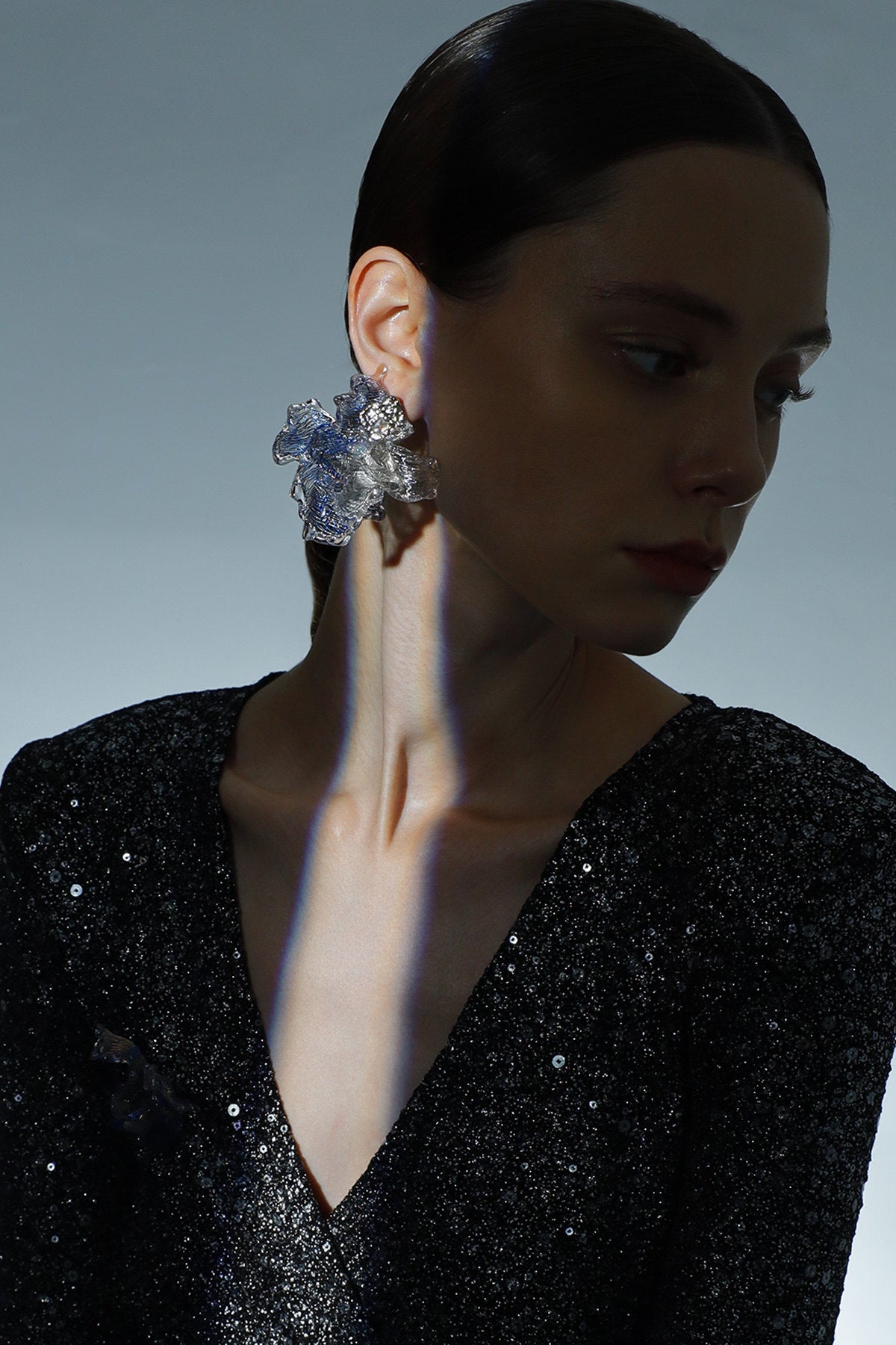 Avant-Garde Hand-Woven Metallic Mesh Ocean Bloom Earrings - Deconstructed Electric Blue Ruffled Studs with Clear Melting Ice Border LUNA-X389