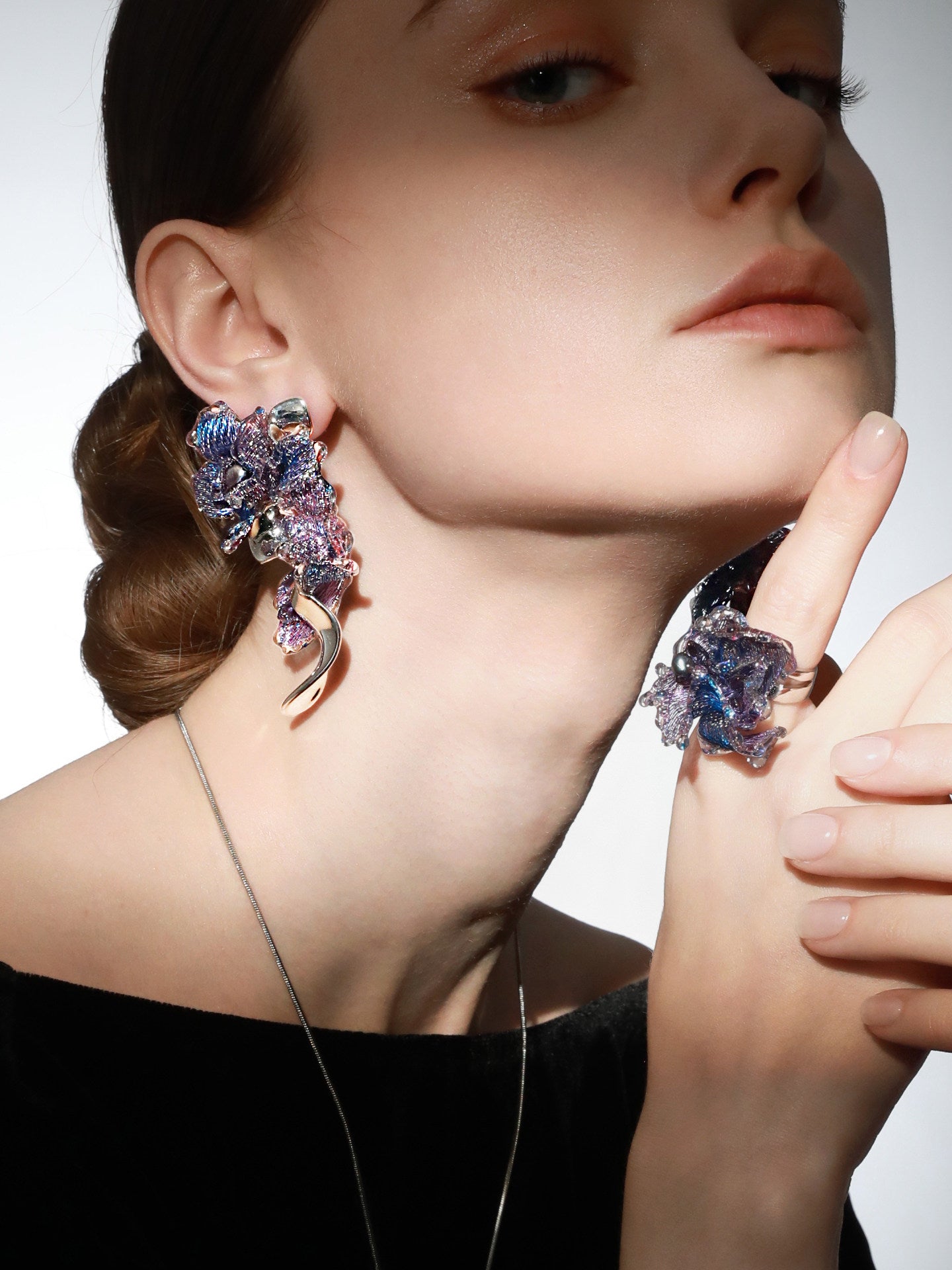 Avant-Garde Hand-Woven Metallic Mesh Orchid Earrings - Deconstructed Violet-Blue Gradient Flower Drops with Fluid Mirror-Alloy Wave LUNA-X391