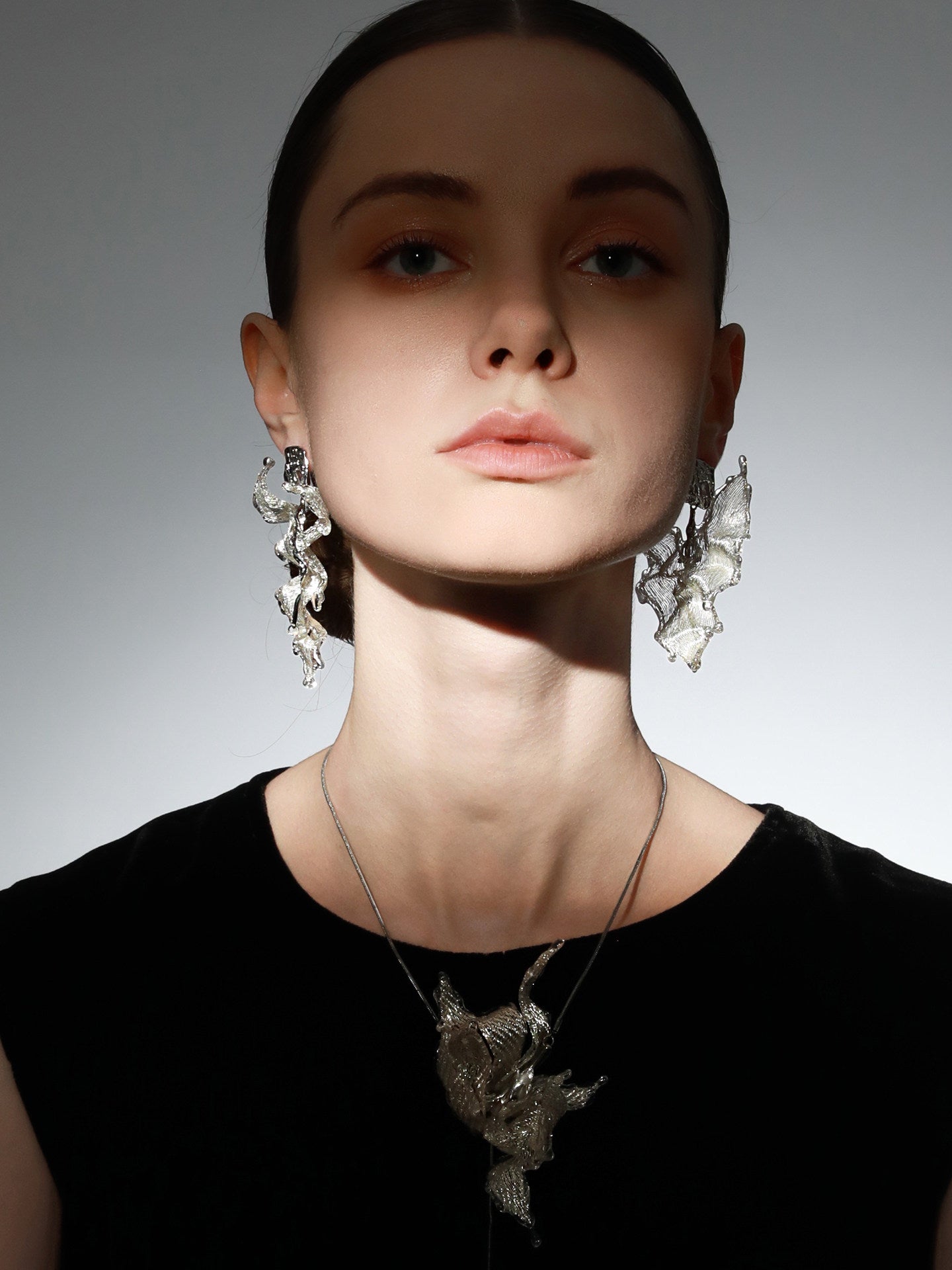 Avant-Garde Hand-Woven Metallic Ruffled Leaf Earrings - Deconstructed Glacial White Petal Studs with Liquid-Ice Border & Molten Alloy Stem LUNA-X395