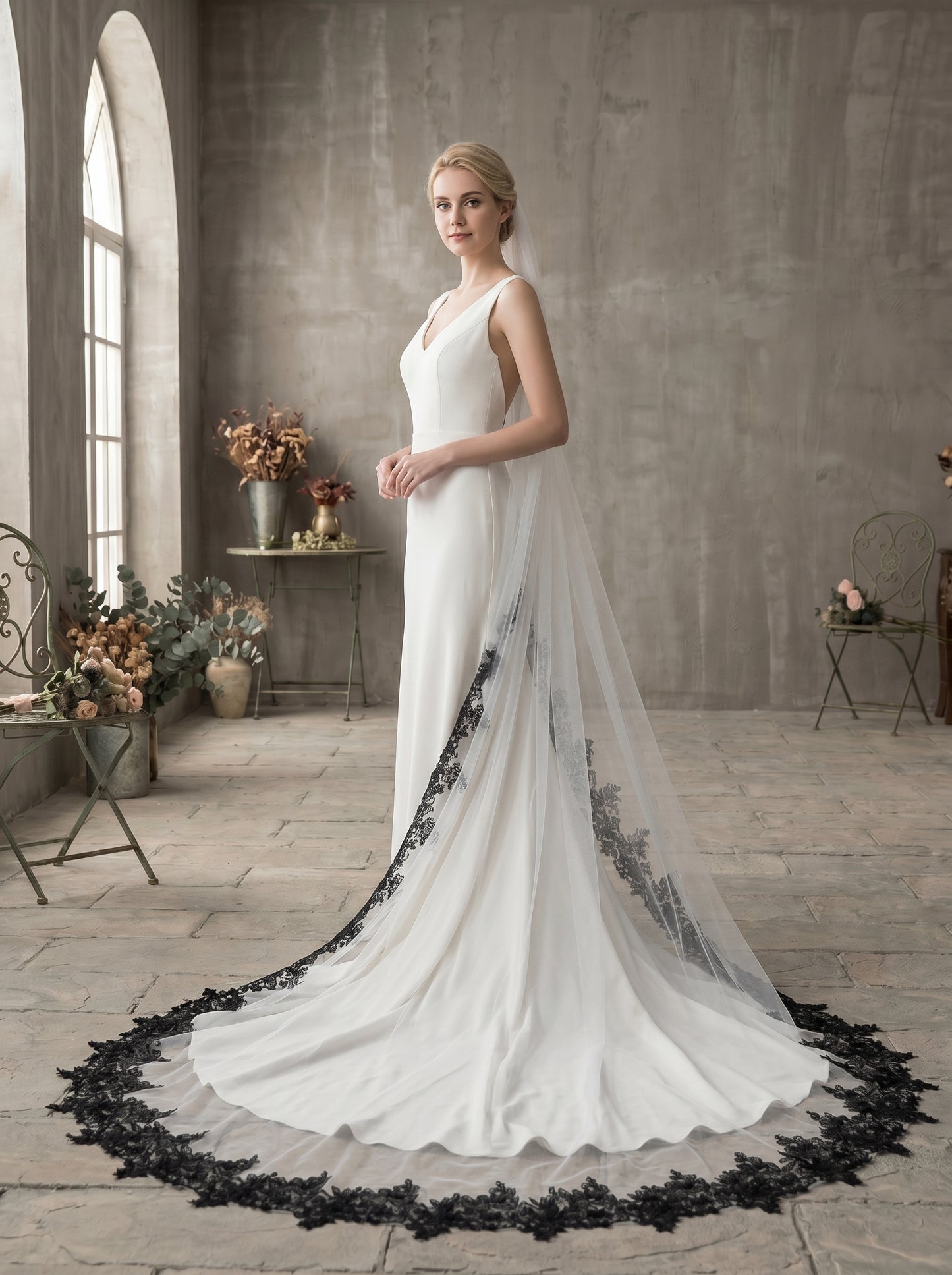 Luxury Gothic Black Wedding Veil with Comb - 60" Fingertip / 80" Chapel / 118" Cathedral High Drama Black Lace Edge Bridal Veil LUNA-X64