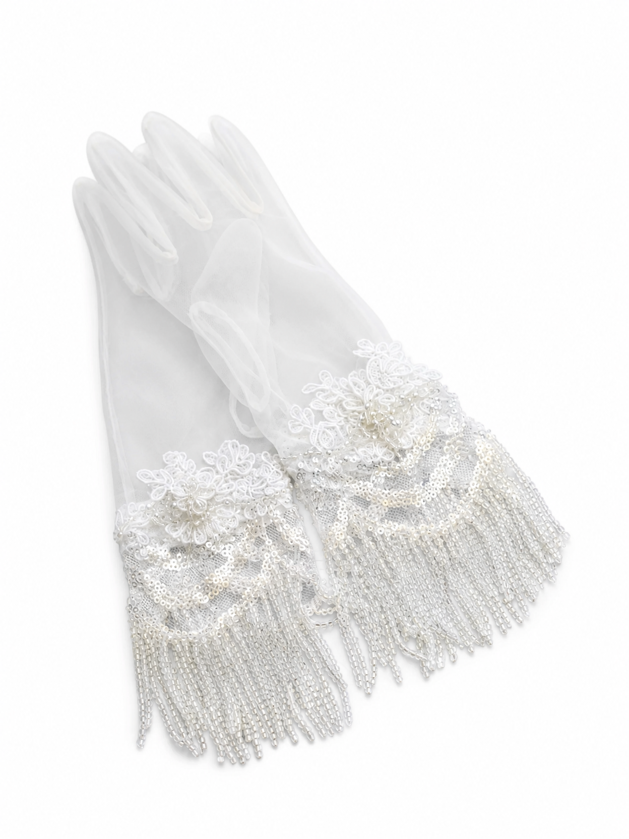 White Mesh Lace Beaded Tassel Bridal Short Gloves for Wedding and Banquet LUNA-X188