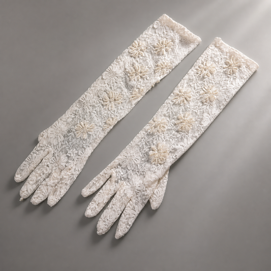 "Teenage Dream" 39cm Vintage Lace Bridal Gloves, Full Finger Sheer Floral Wedding Gloves with Hand-Stitched Pearl Accents LUNA-X178