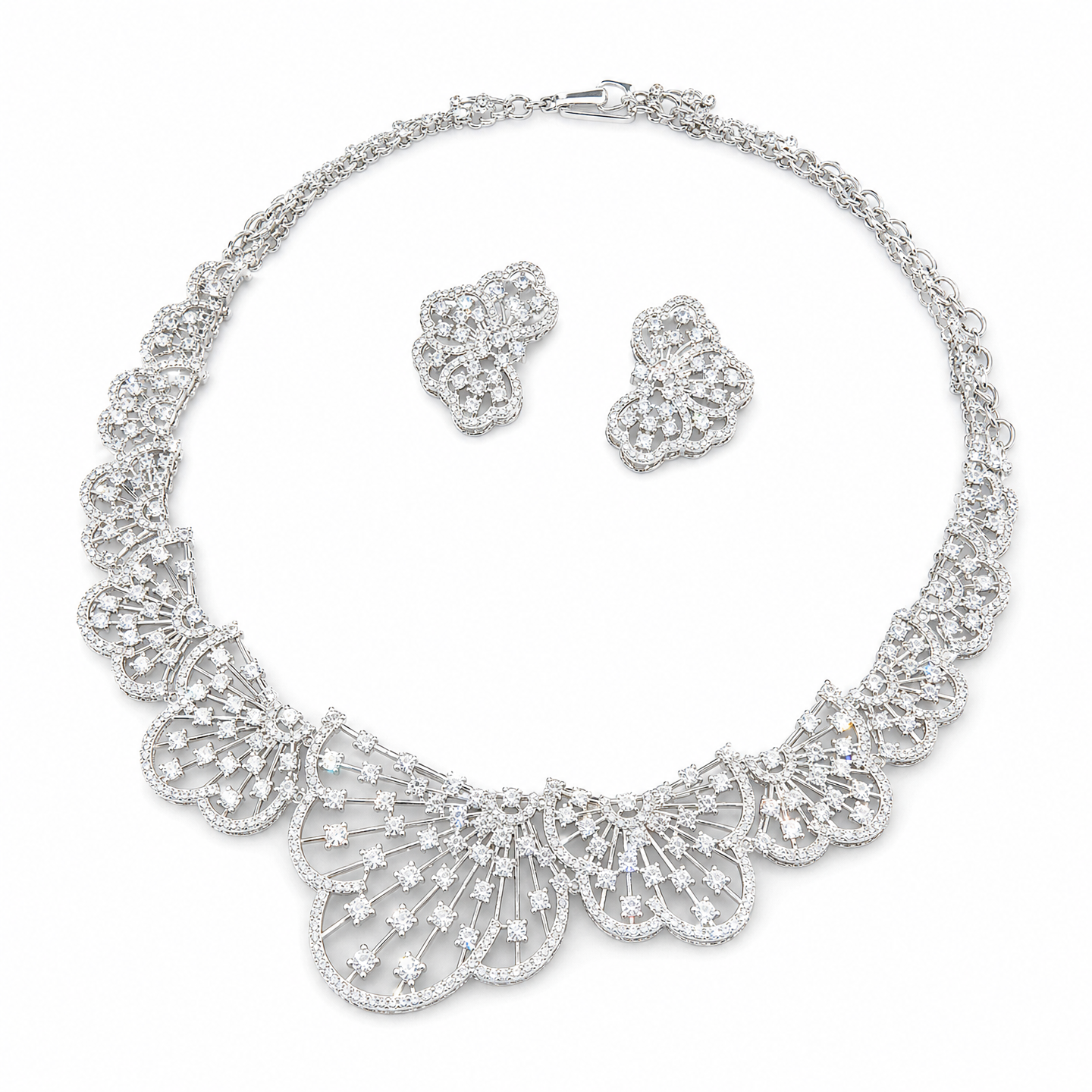 Grand Starburst Medallion Bridal Jewelry Set, Luxury Platinum Plated AAA Zircon Geometric Choker Necklace & Dramatic Drop Earrings Set for Royal Wedding & Gala LUNA-X160