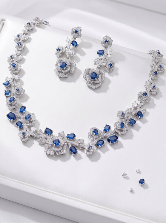 Luxury Rose Floral Crystal Bridal Jewelry Set - Elegant Statement Statement Necklace and Drop Earrings - Premium Wedding Banquet Jewelry in 4 Royal Colors LUNA-X123