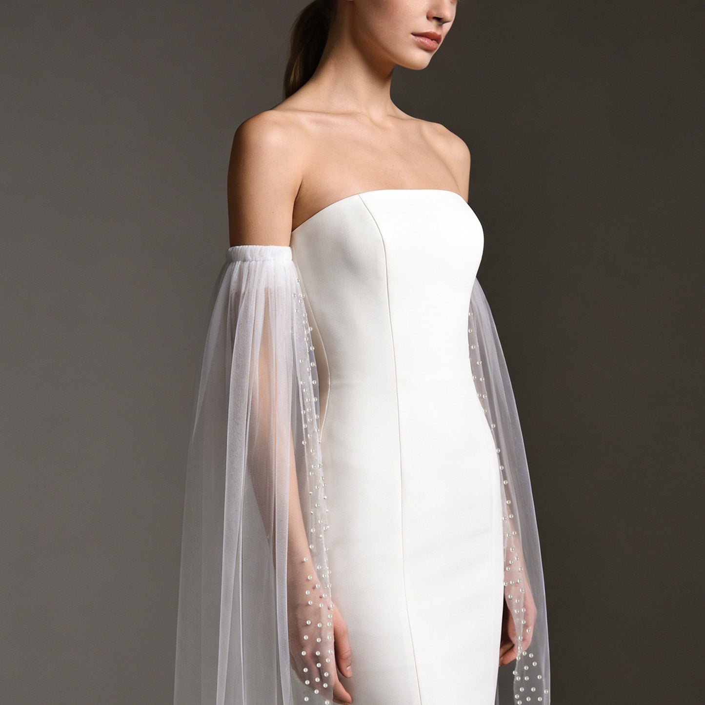Detachable Pearl Bridal Sleeves - 150cm Off the Shoulder Wedding Cape Wings Pearls Beaded Mesh Flattering Arm Cover LUNA-X229