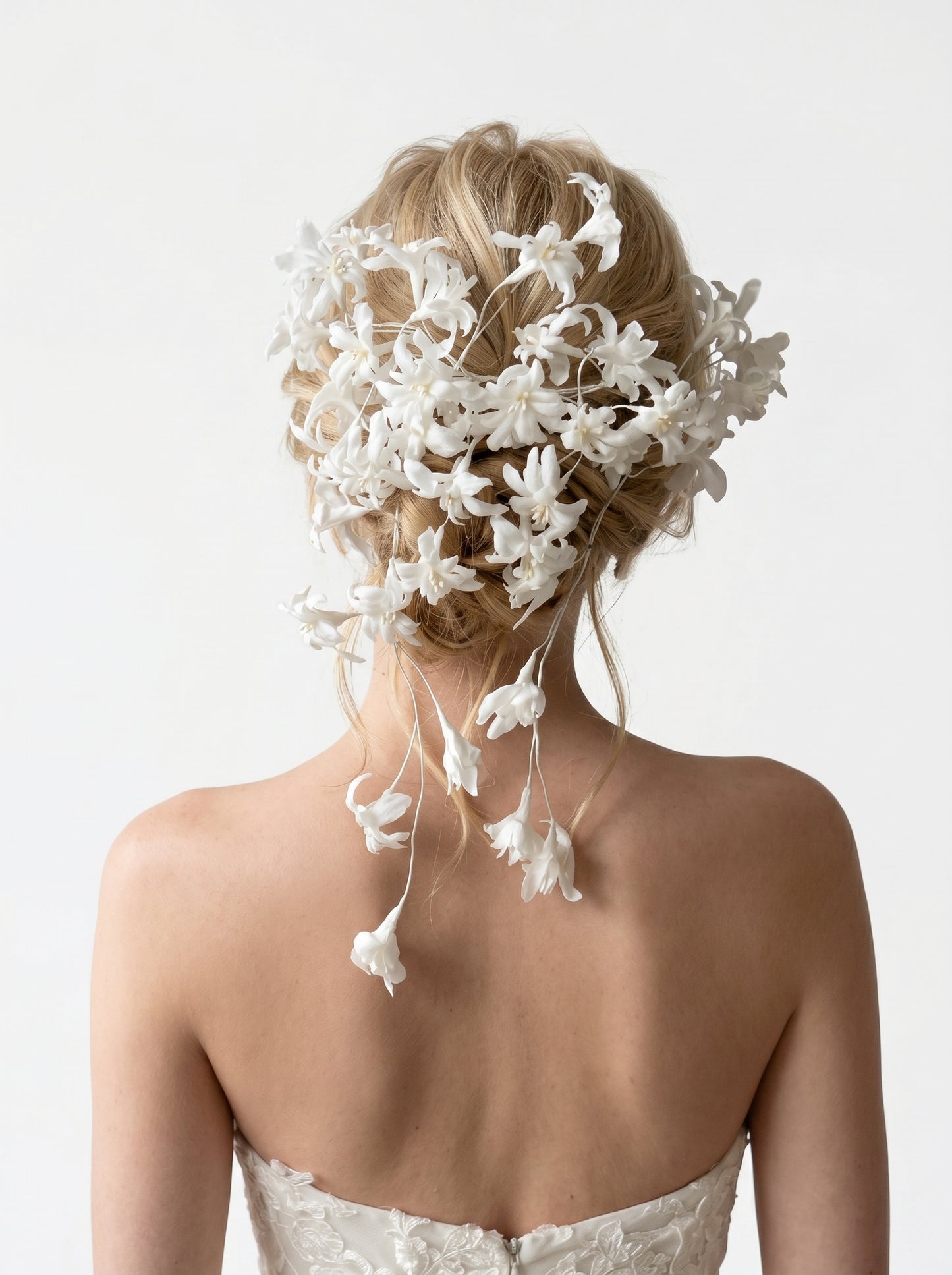 Ethereal Wax Flower Bridal Hair Vine - Flexible Trailing Jasmine Wedding Hair Piece - Romantic Cascade Fairy Bride Crown for Low Bun LUNA-X331