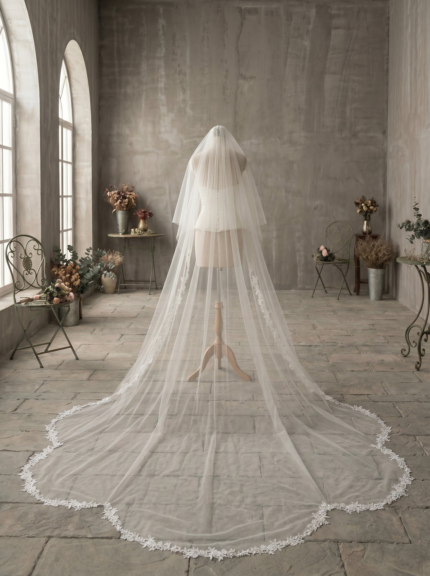 Luxury 2-Tier Cathedral Veil with Blusher - Milk White Swiss Tulle Wedding Veil with Comb, Scalloped Petal Lace Border Bridal Veil  LUNA-X67