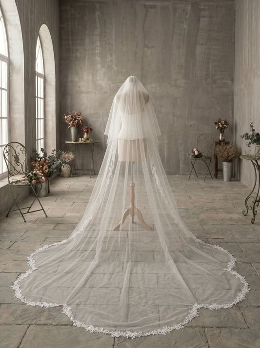 Luxury 2-Tier Cathedral Veil with Blusher - Milk White Swiss Tulle Wedding Veil with Comb, Scalloped Petal Lace Border Bridal Veil  LUNA-X67
