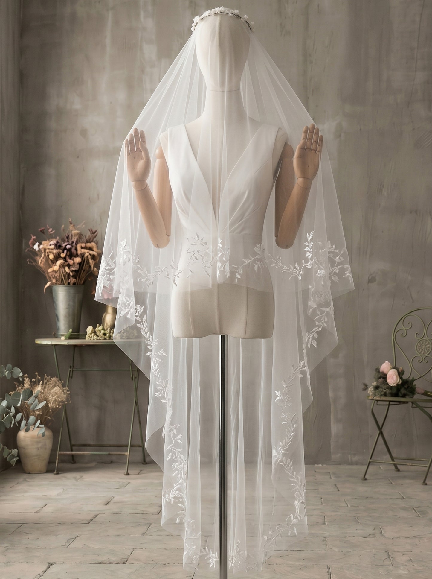 Two Tier Milk White Wedding Veil with Flower Wreath Tiara, Front 70cm Back 125cm Drop Veil for Bride, Embroidered Botanical Leaf Flounce Blusher LUNA-X84