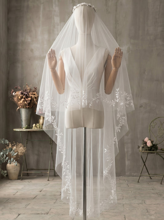 Two Tier Milk White Wedding Veil with Flower Wreath Tiara, Front 70cm Back 125cm Drop Veil for Bride, Embroidered Botanical Leaf Flounce Blusher LUNA-X84