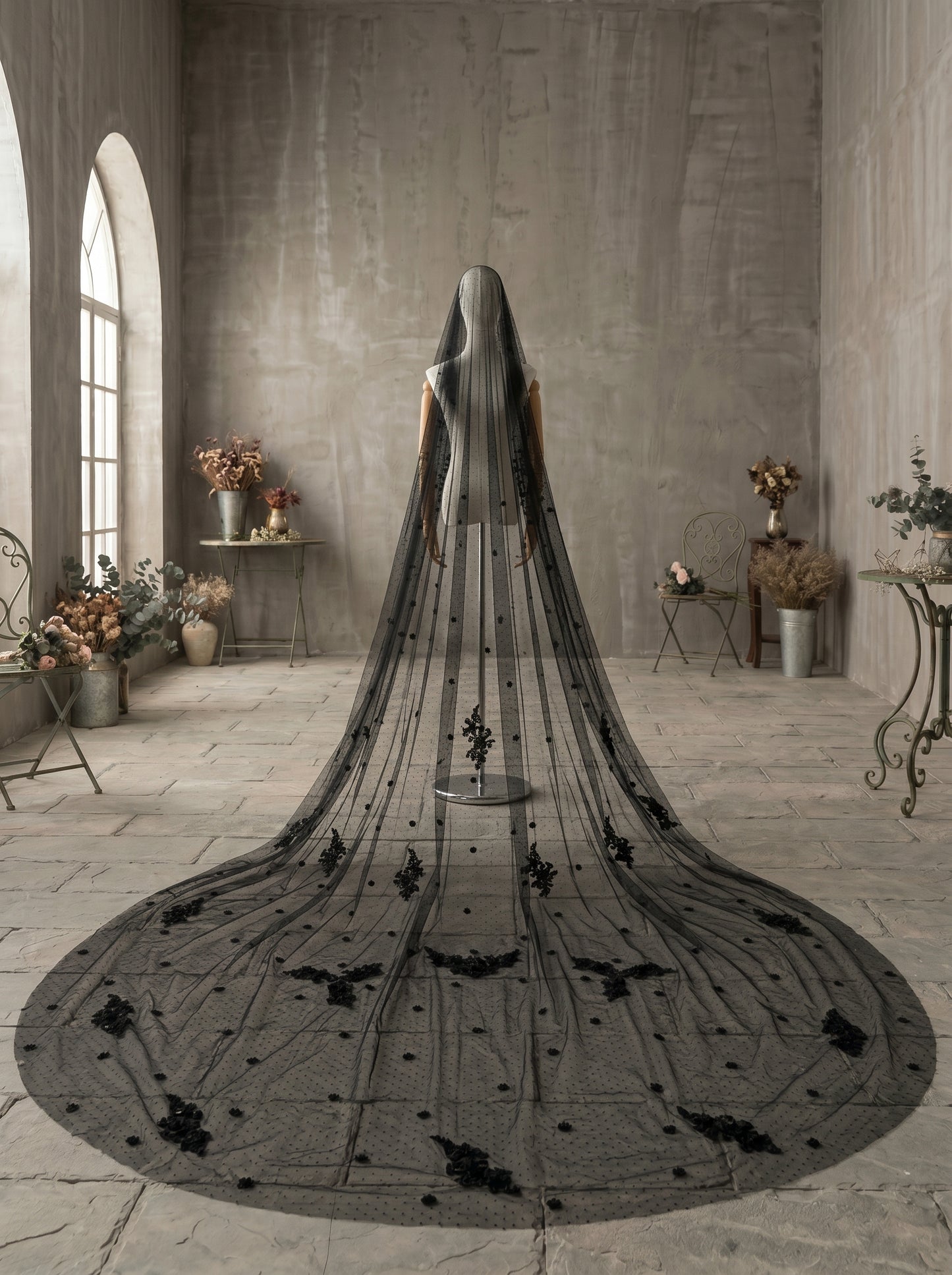 Luxury 3D Floral Black Gothic Royal Cathedral Veil with Comb - 3.5M Single Tier Swiss Dot Wedding Veil, 3M Extra-Wide Moody Bridal Veil LUNA-X82