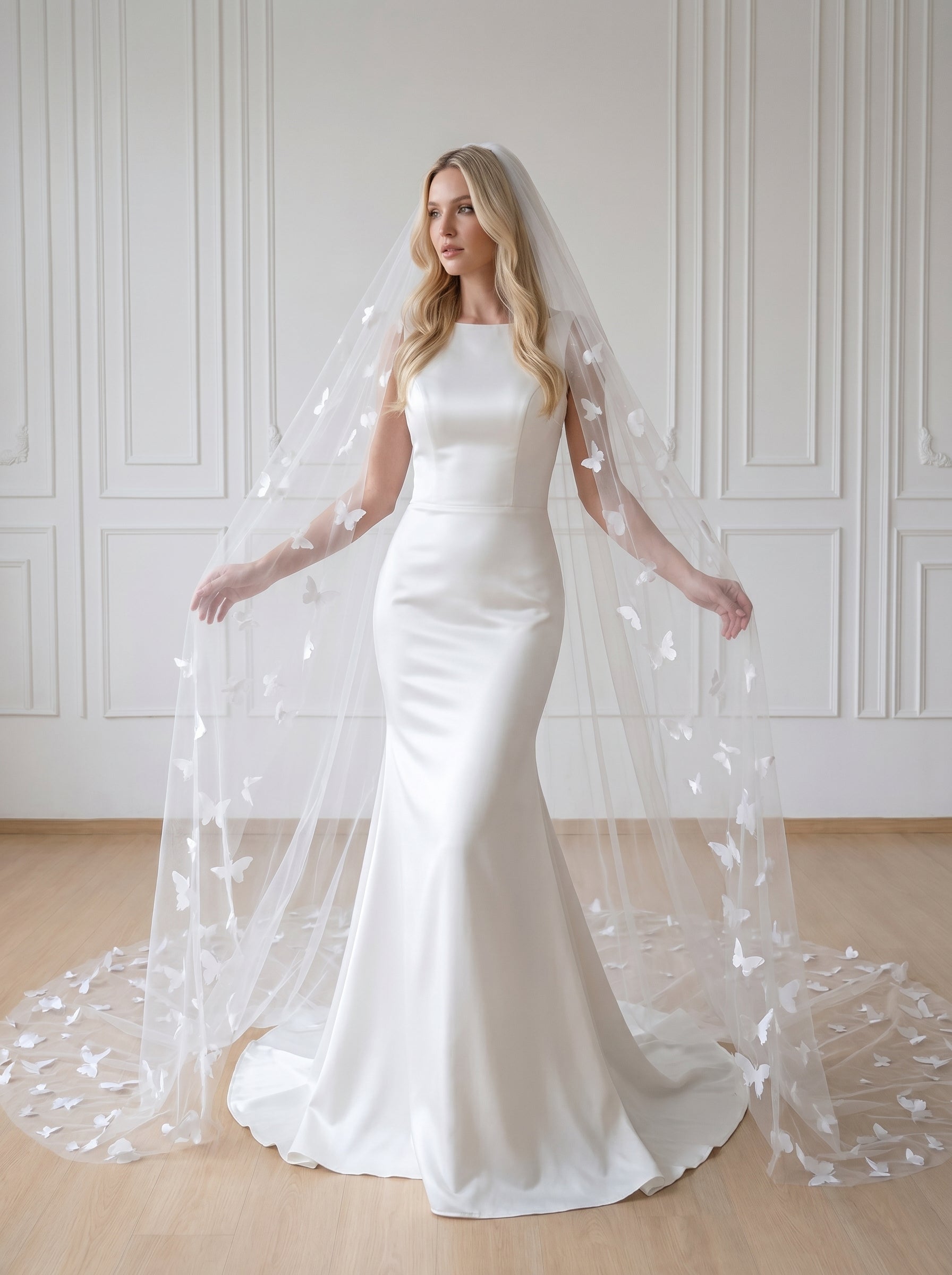 Minimalist Extra Wide Fingertip Veil - 60x 118 Winged Drop Veil, No Comb for Cloud-Like Bridal Styling  LUNA-X14