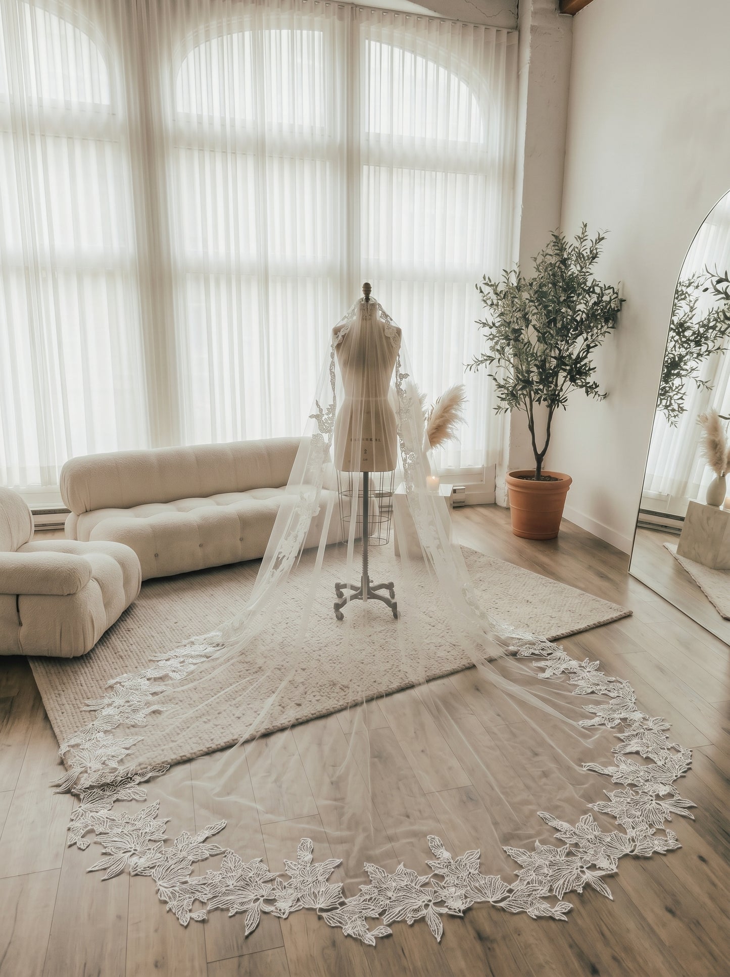 French Large Leaf Lace Cathedral Veil - Luxury 3m Embroidered Botanical Wedding Veil with Invisible Comb, Royal Bridal Lace Veil  LUNA-X61