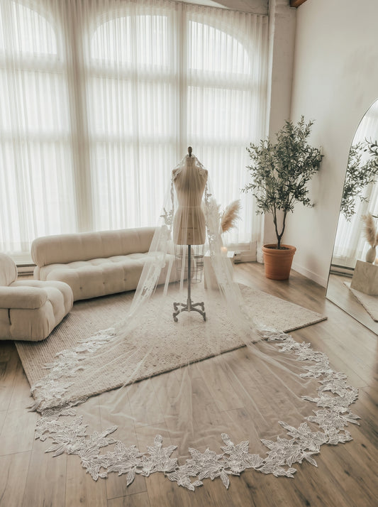 French Large Leaf Lace Cathedral Veil - Luxury 3m Embroidered Botanical Wedding Veil with Invisible Comb, Royal Bridal Lace Veil  LUNA-X61