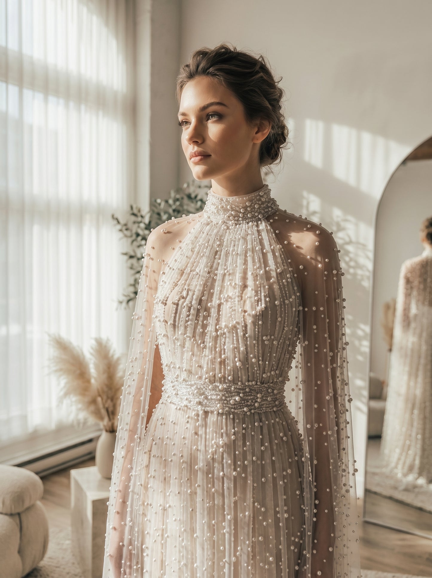 Ethereal Pearl Beaded Bridal Cape Dress - Halter Neck Open Back Wedding Reception Gown - Luxury Pearlcore Floor-Length Bridal Dress  LUNA-X233