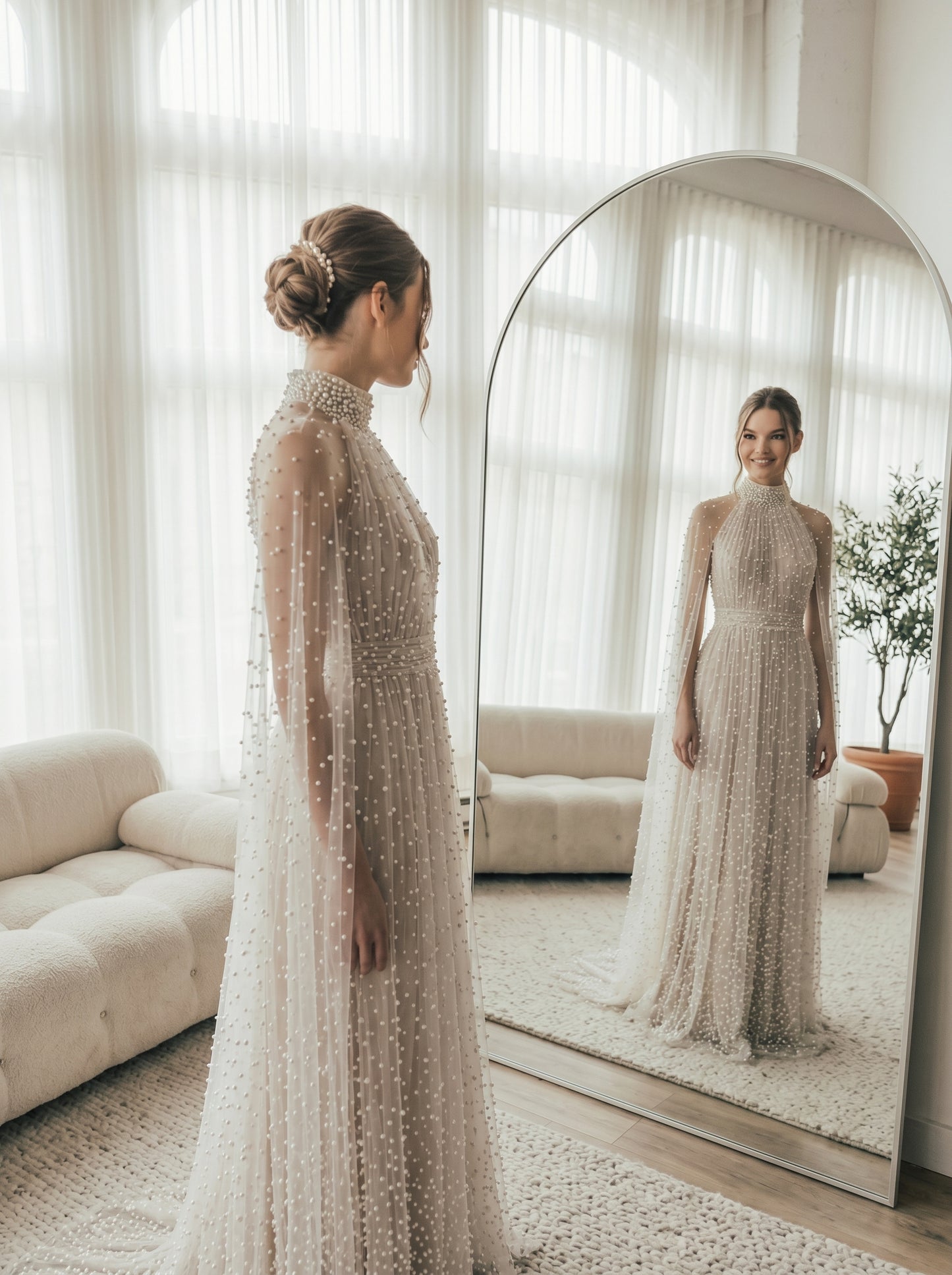 Ethereal Pearl Beaded Bridal Cape Dress - Halter Neck Open Back Wedding Reception Gown - Luxury Pearlcore Floor-Length Bridal Dress  LUNA-X233