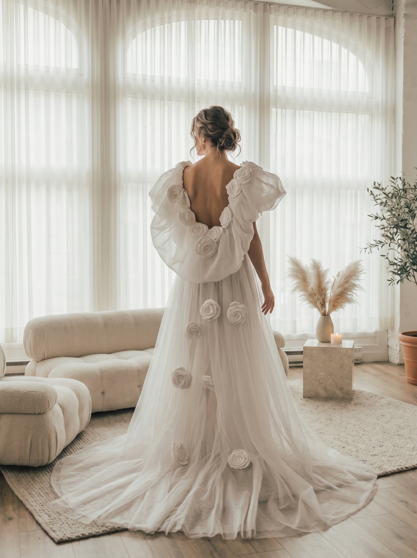 Romantic 3D Rose Bridal Cape Veil - Dramatic Puff Sleeve Wedding Capelet - Luxury Satin Floral Cathedral Train Shawl LUNA-X234