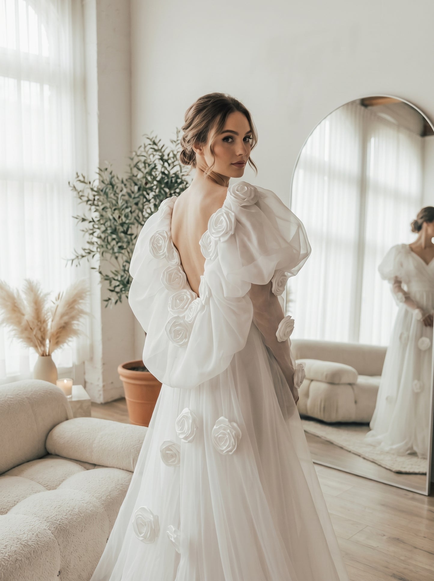 Romantic 3D Rose Bridal Cape Veil - Dramatic Puff Sleeve Wedding Capelet - Luxury Satin Floral Cathedral Train Shawl LUNA-X234