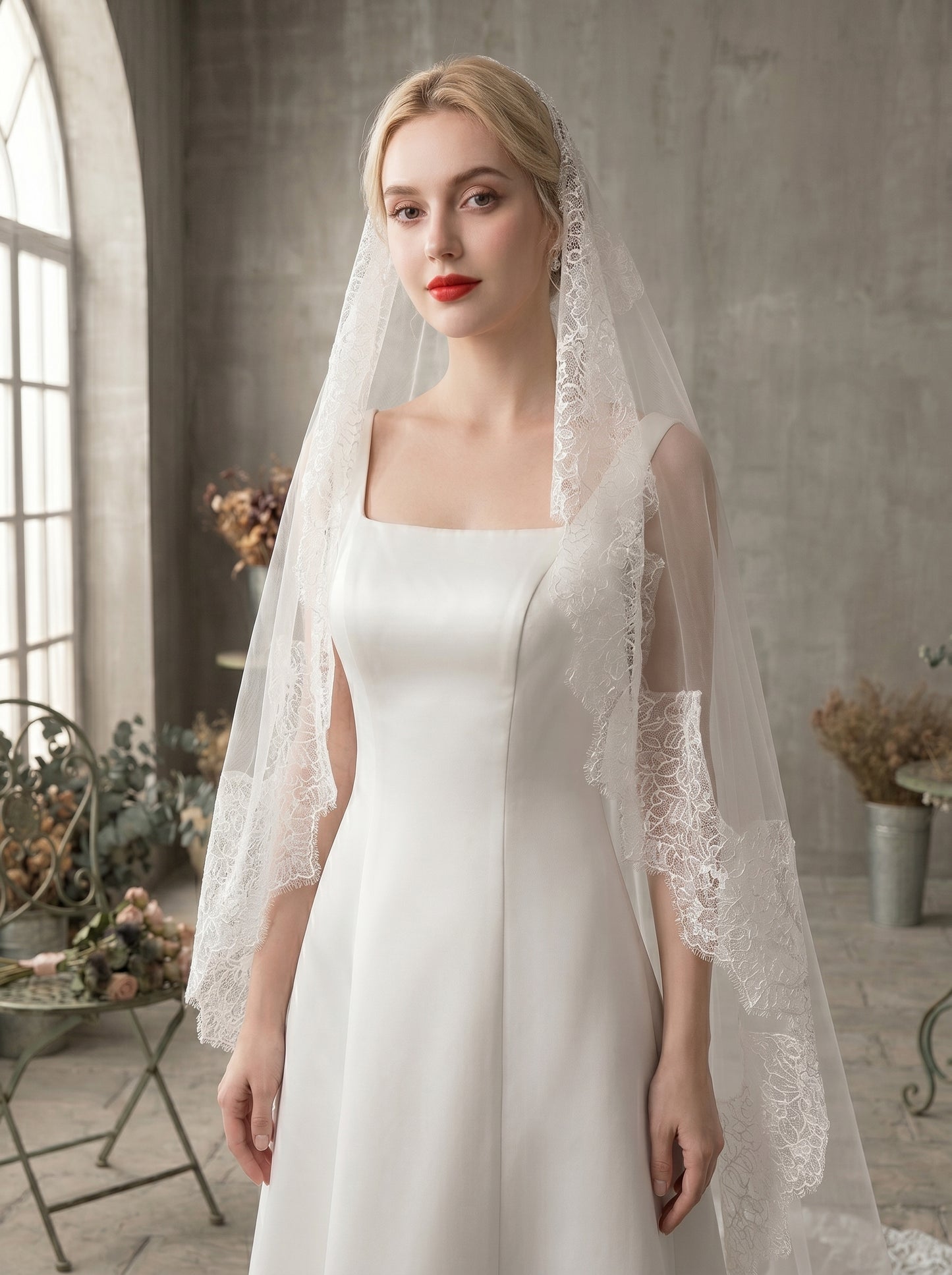 Classic 2.8M Cathedral Wedding Veil with Comb - Single Tier Milk White Soft Tulle Veil, Continuous Chantilly Lace Edge Bridal Veil, 110" Sleek Train Veil  LUNA-X76