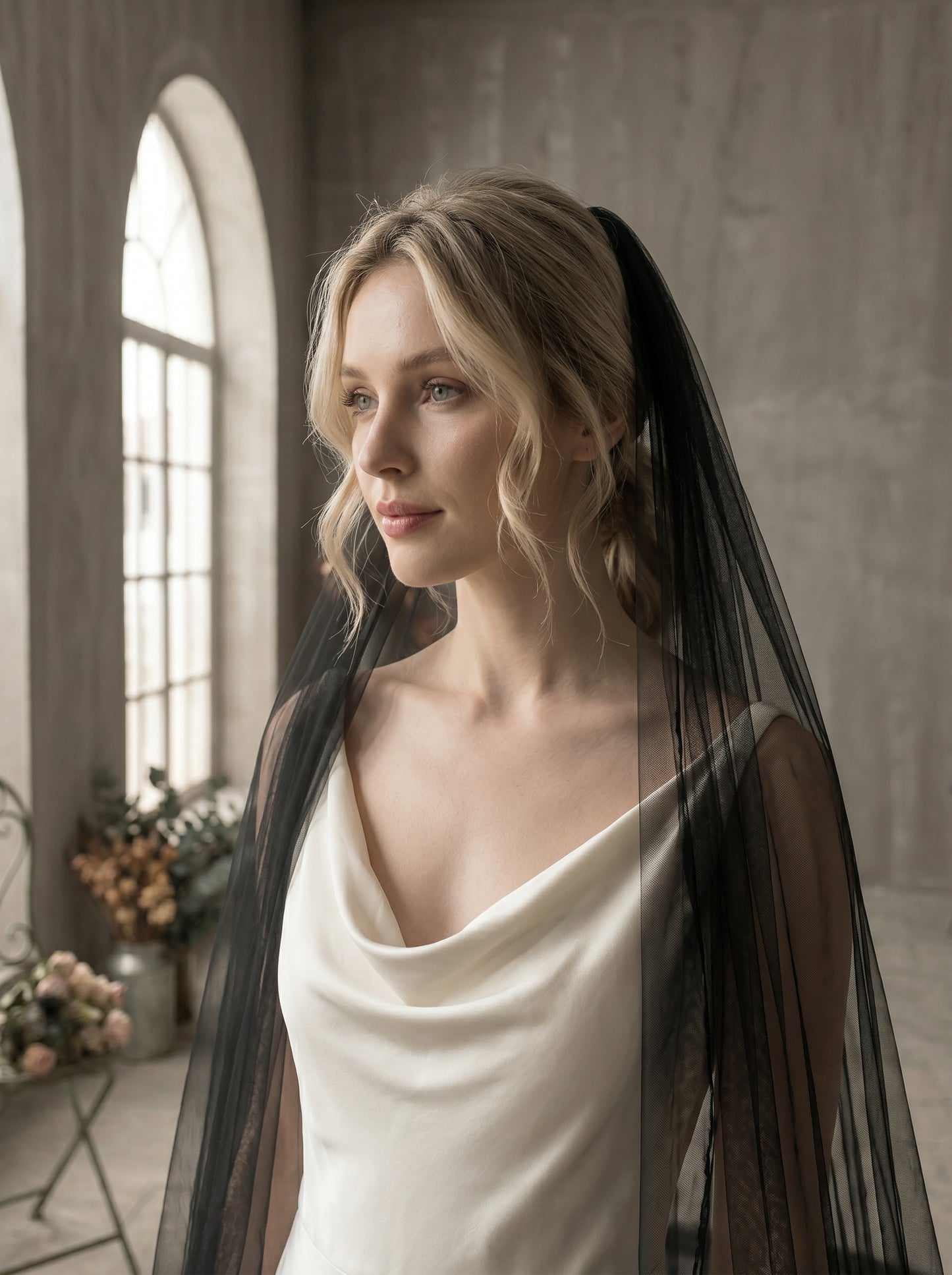 Luxury 3D Floral Black Gothic Royal Cathedral Veil with Comb - 3.5M Single Tier Swiss Dot Wedding Veil, 3M Extra-Wide Moody Bridal Veil LUNA-X82