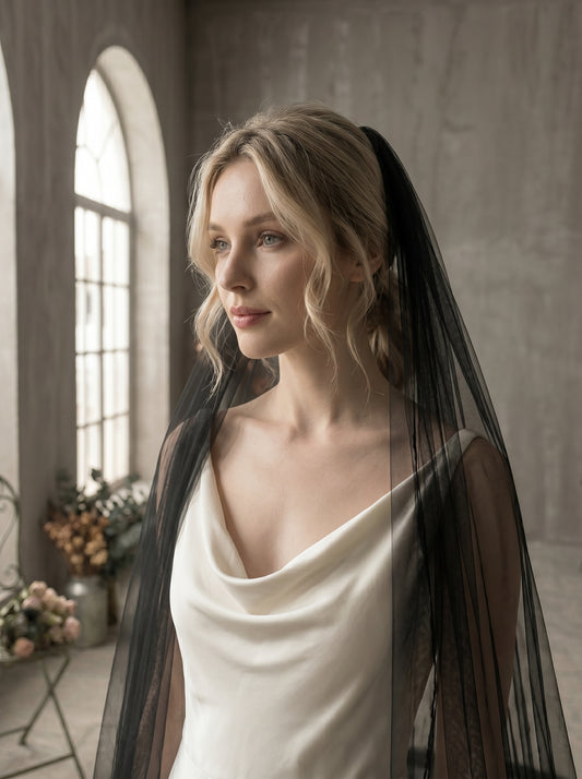 Luxury 3D Floral Black Gothic Royal Cathedral Veil with Comb - 3.5M Single Tier Swiss Dot Wedding Veil, 3M Extra-Wide Moody Bridal Veil LUNA-X82