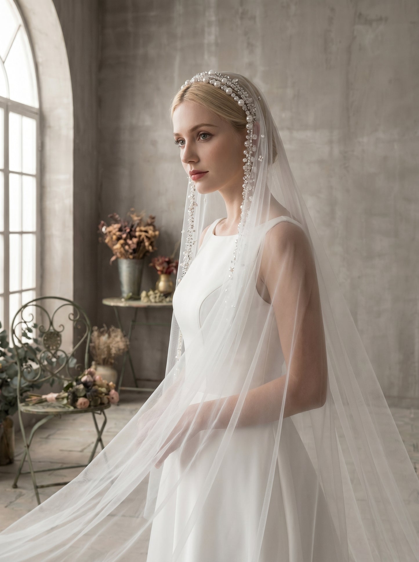 Luxury Cathedral Pearl Wedding Veil 3M - Single Tier Milk White Swiss Tulle Statement Veil with Cascading Pearl Headband Tassels and Clips LUNA-X91