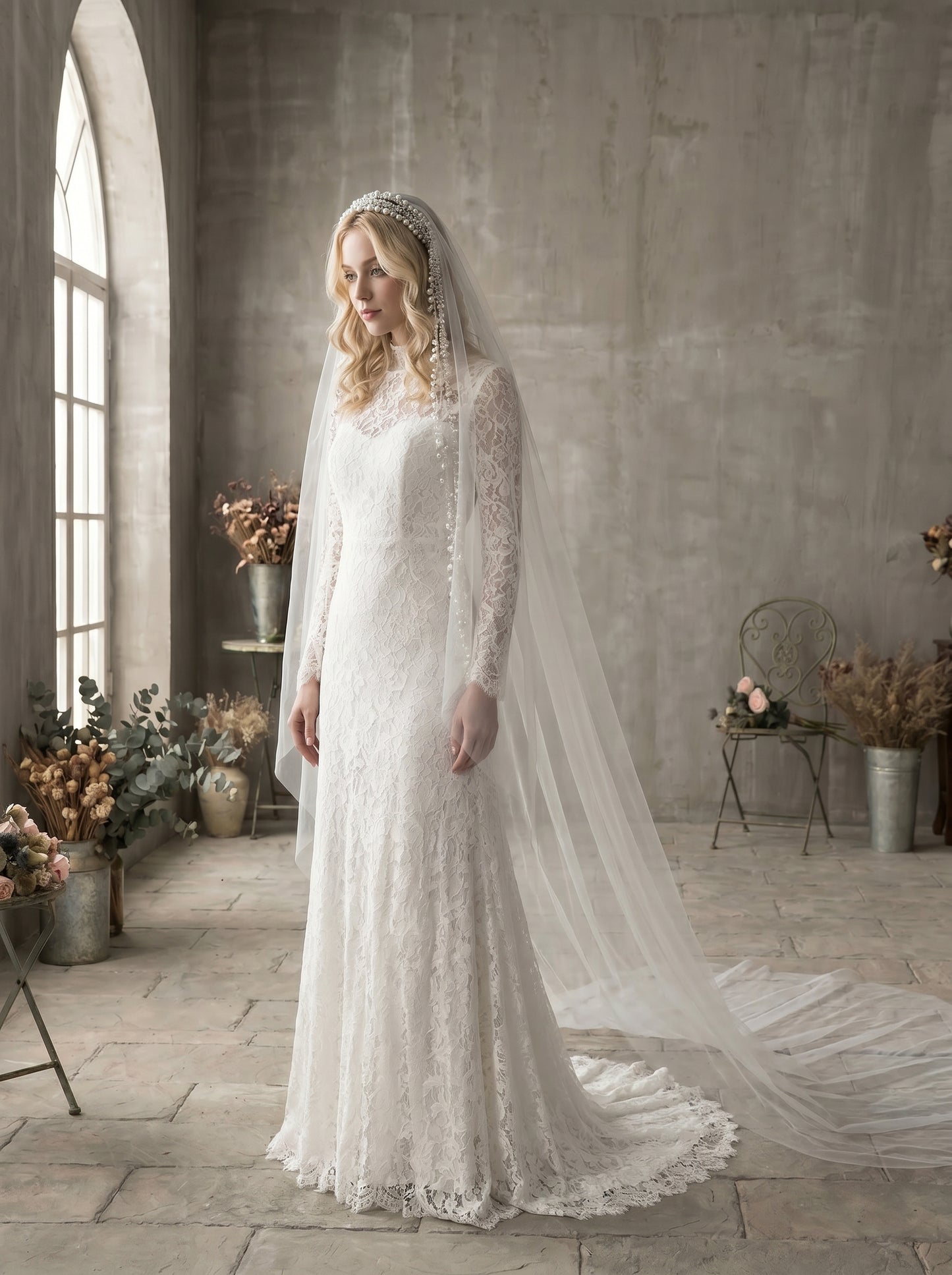 Luxury Cathedral Pearl Wedding Veil 3M - Single Tier Milk White Swiss Tulle Statement Veil with Cascading Pearl Headband Tassels and Clips LUNA-X91