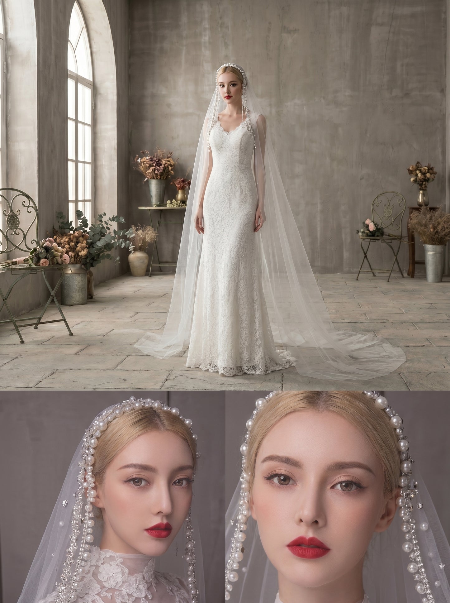 Luxury Cathedral Pearl Wedding Veil 3M - Single Tier Milk White Swiss Tulle Statement Veil with Cascading Pearl Headband Tassels and Clips LUNA-X91
