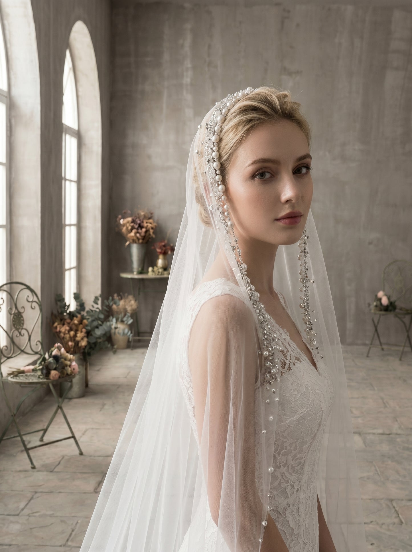 Luxury Cathedral Pearl Wedding Veil 3M - Single Tier Milk White Swiss Tulle Statement Veil with Cascading Pearl Headband Tassels and Clips LUNA-X91