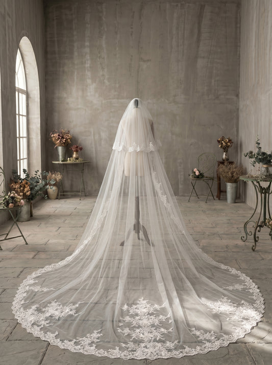 Royal 3.8M Grand Cathedral Veil with Blusher - 150" Extra Wide Milk White Swiss Tulle Wedding Veil with Comb, Heavy Baroque Lace Applique Bridal Veil LUNA-X74