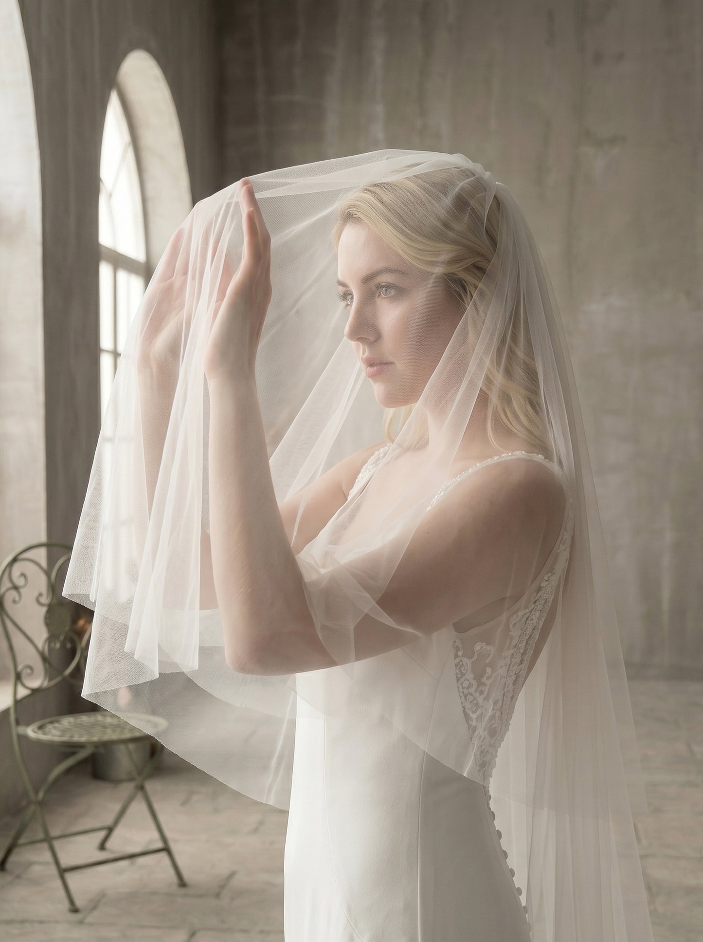 Luxury 2-Tier Cathedral Veil with Blusher - Milk White Swiss Tulle Wedding Veil with Comb, Scalloped Petal Lace Border Bridal Veil  LUNA-X67