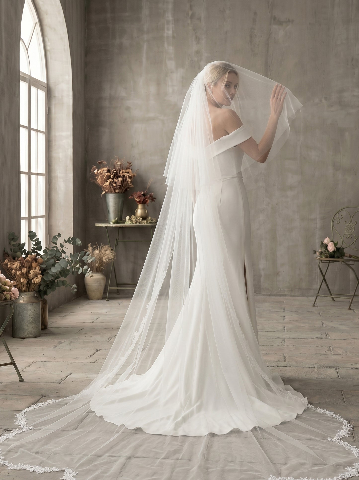 Luxury 2-Tier Cathedral Veil with Blusher - Milk White Swiss Tulle Wedding Veil with Comb, Scalloped Petal Lace Border Bridal Veil  LUNA-X67