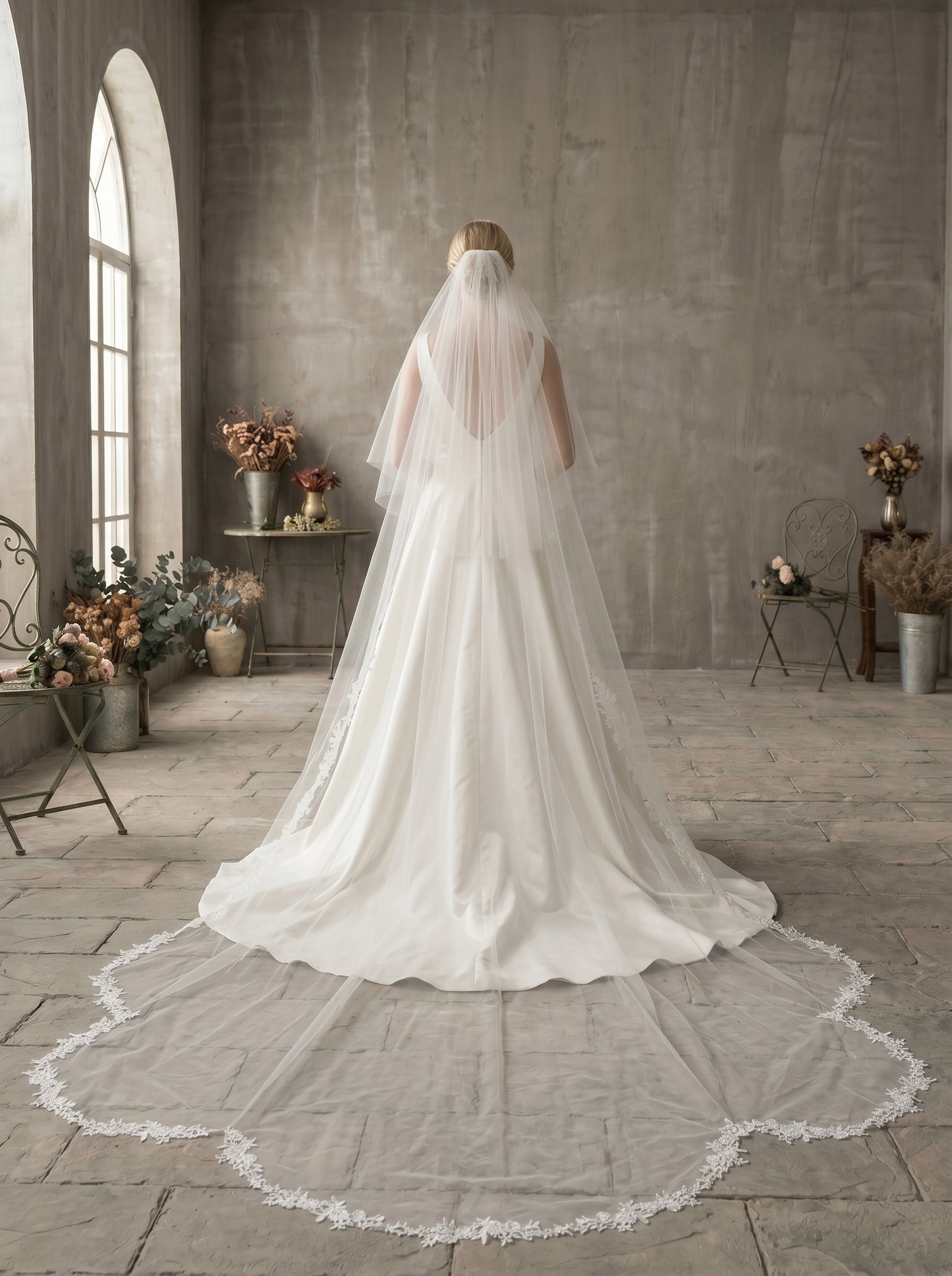 Luxury 2-Tier Cathedral Veil with Blusher - Milk White Swiss Tulle Wedding Veil with Comb, Scalloped Petal Lace Border Bridal Veil  LUNA-X67