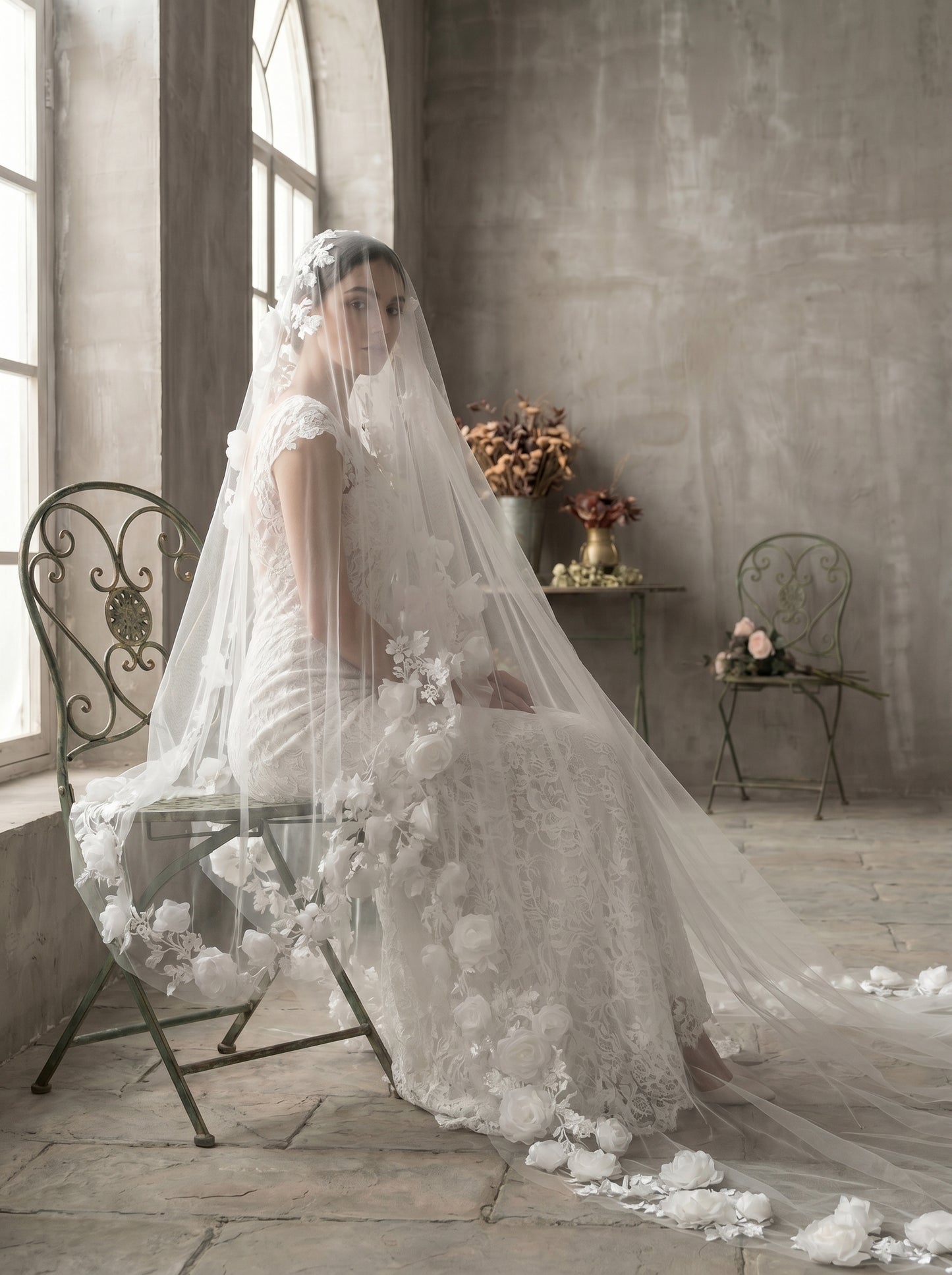Ethereal White Floor Length Drop Veil - Minimalist Cut Edge Blusher Veil, Comb-Free Soft Tulle Wedding Veil LUNA-X23