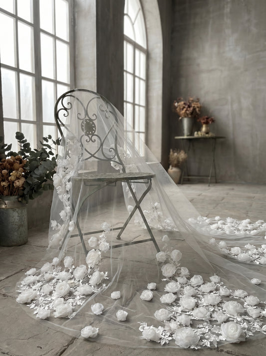 Ethereal White Floor Length Drop Veil - Minimalist Cut Edge Blusher Veil, Comb-Free Soft Tulle Wedding Veil LUNA-X23
