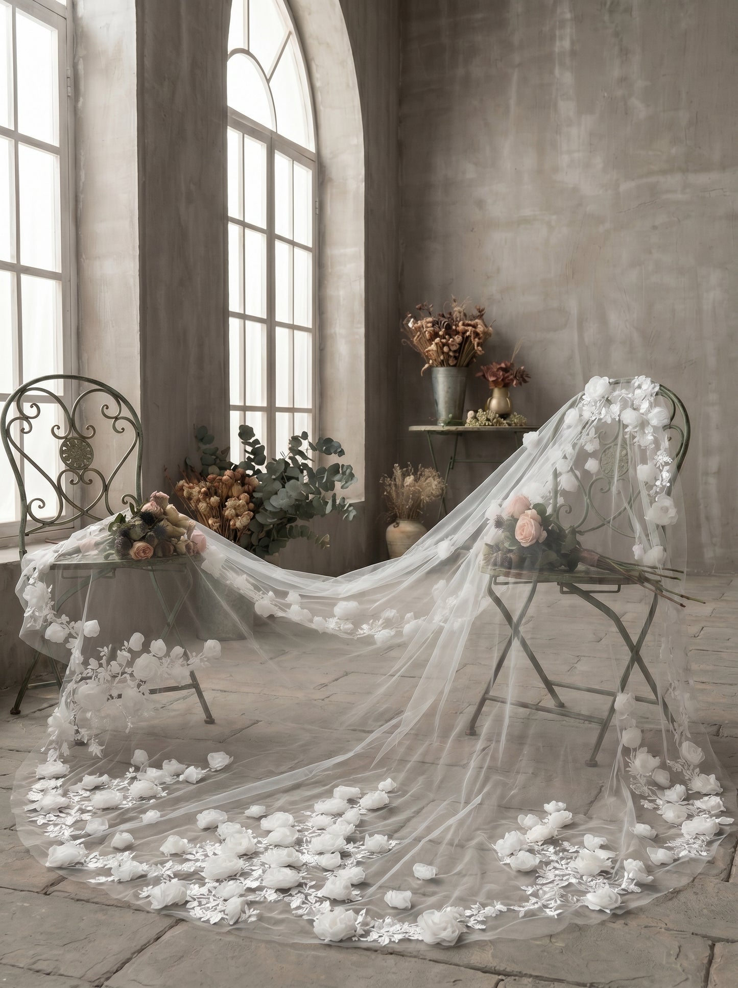 Ethereal White Floor Length Drop Veil - Minimalist Cut Edge Blusher Veil, Comb-Free Soft Tulle Wedding Veil LUNA-X23